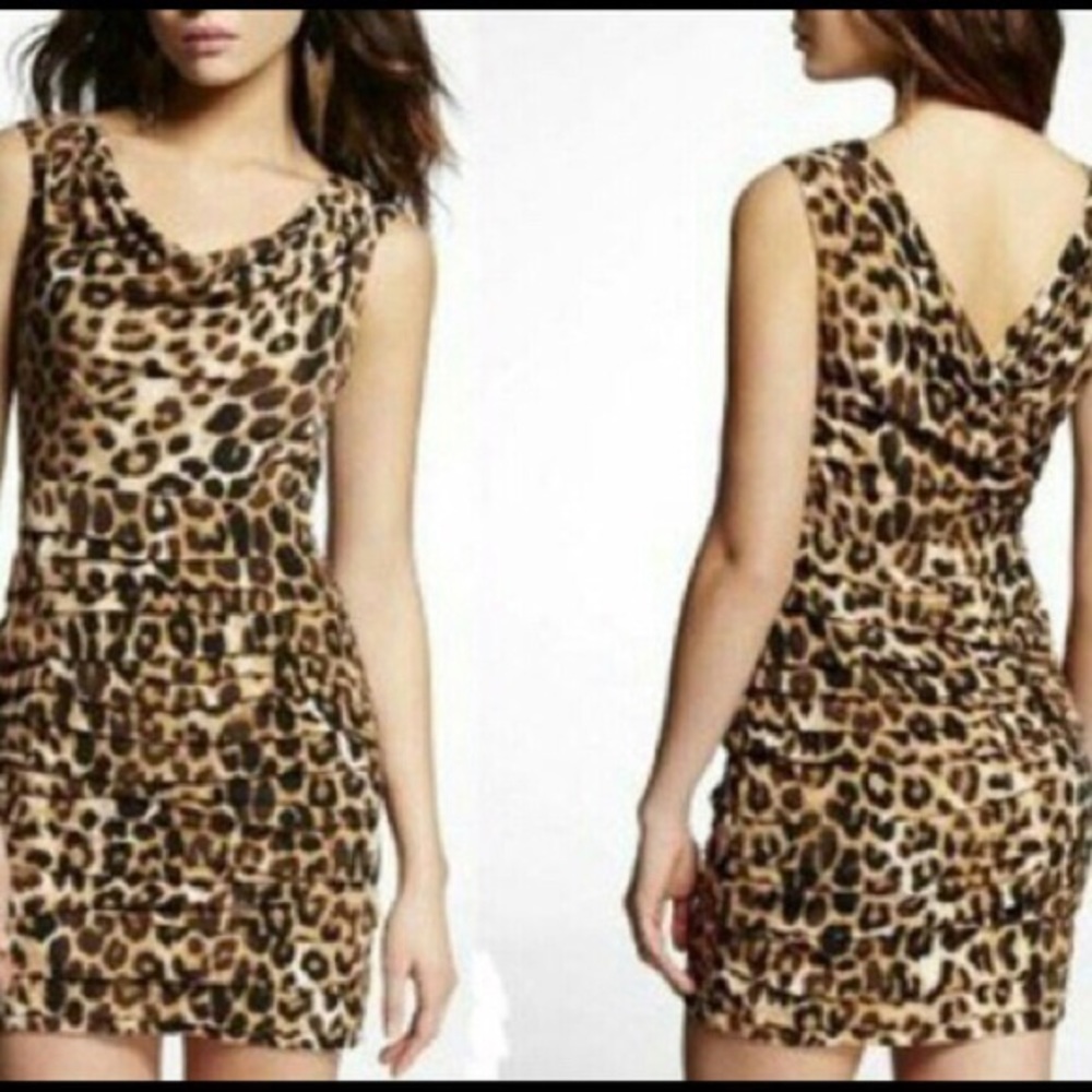 Express Leopard Dress Draped Tiered Sleeve…